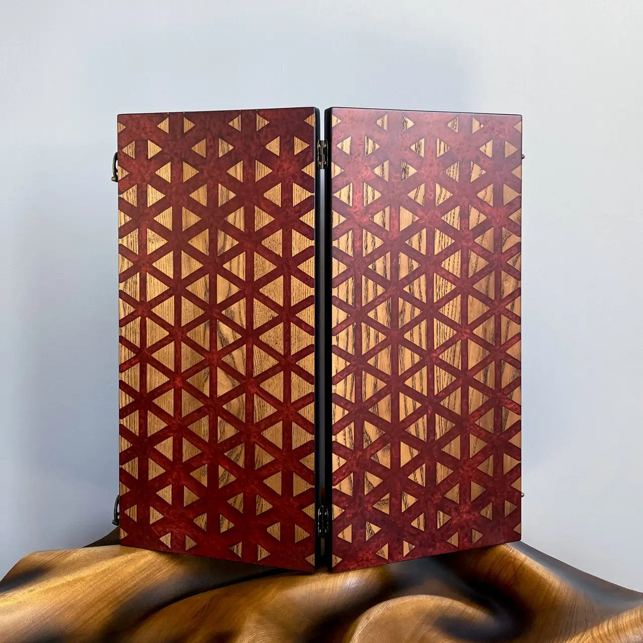Handmade wooden and epoxy resin backgammon set with red geometric triangle design