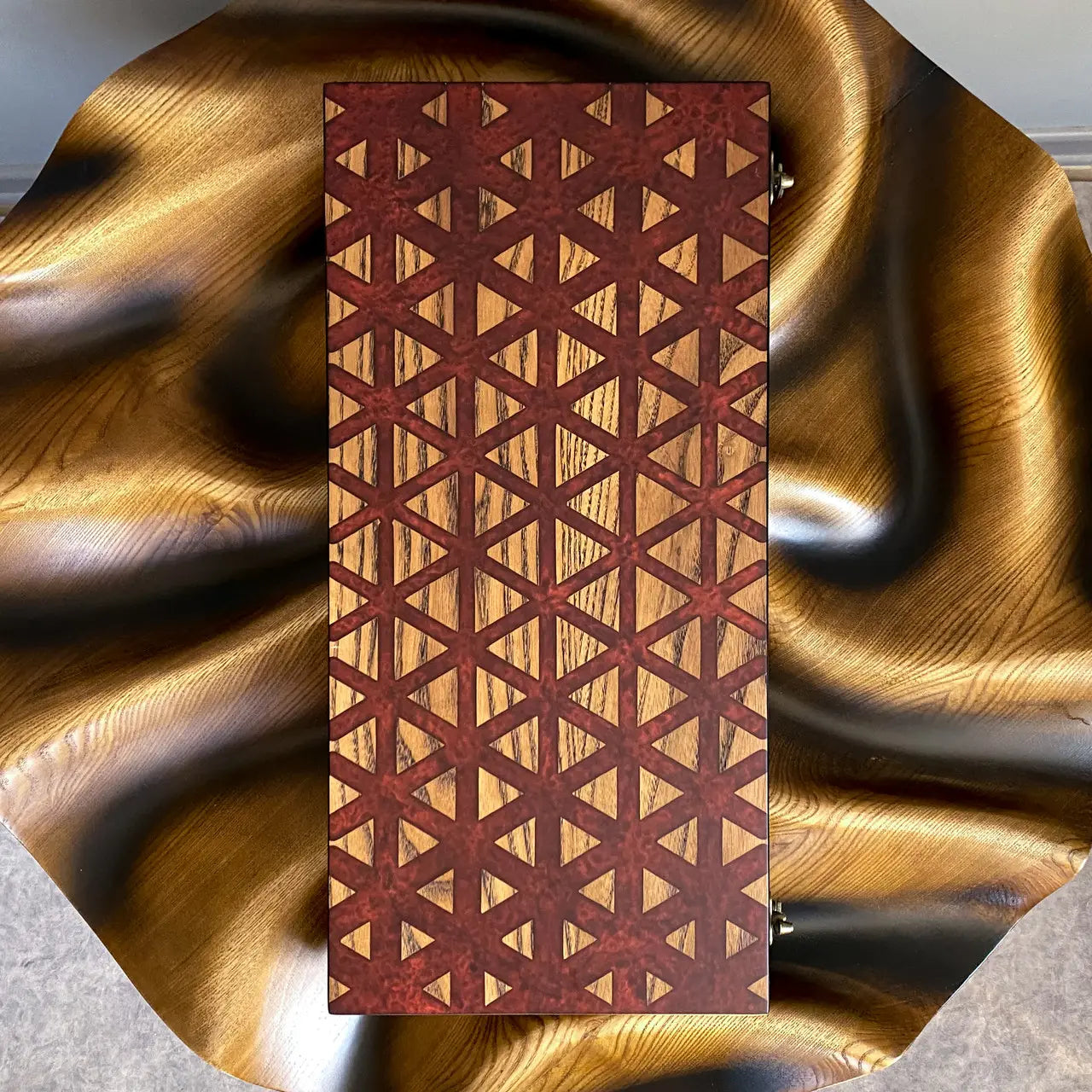 Side view of handcrafted wooden backgammon board with epoxy resin finish