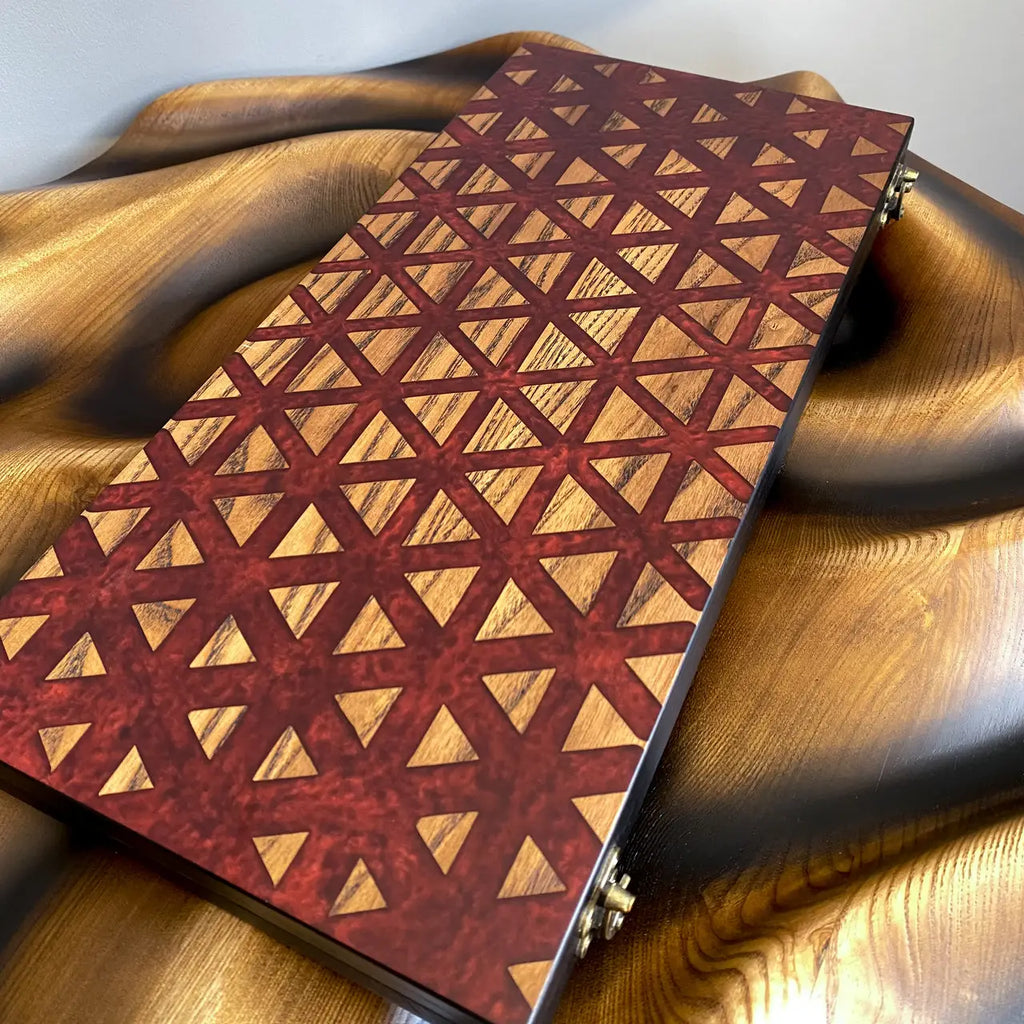 Top view of handmade ash wood and epoxy resin backgammon set