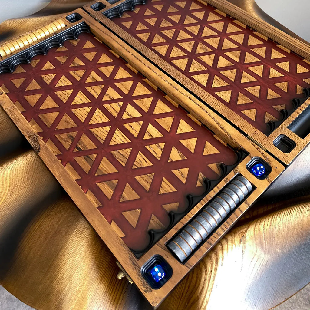 Closed handmade wooden backgammon board with red epoxy resin geometric pattern