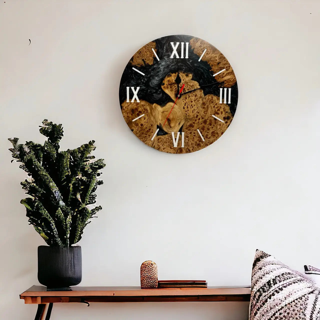 Handmade burl wood wall clock with black epoxy resin