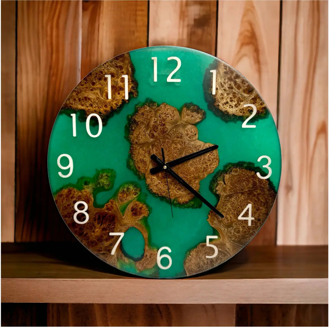 Large handmade wall clock made from burl wood and green epoxy resin