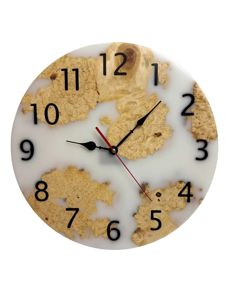 Handmade white epoxy resin wall clock crafted from natural wood burl.