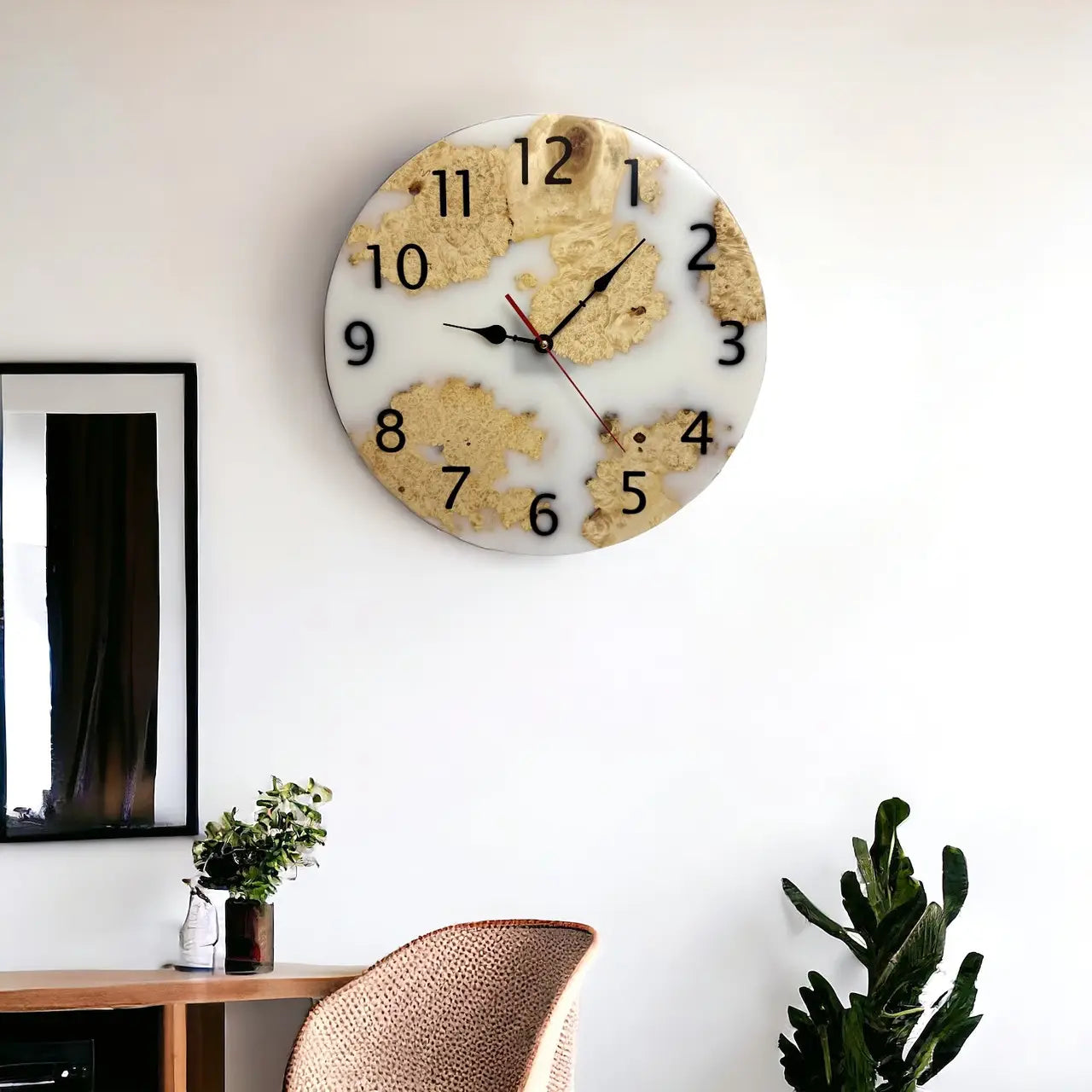 Luxury wooden wall clock featuring white epoxy resin and natural wood burl.
