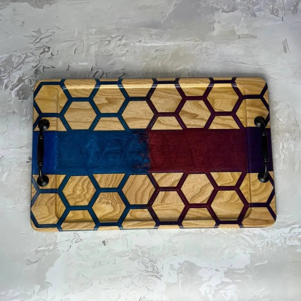 Wooden breakfast tray with colorful epoxy resin