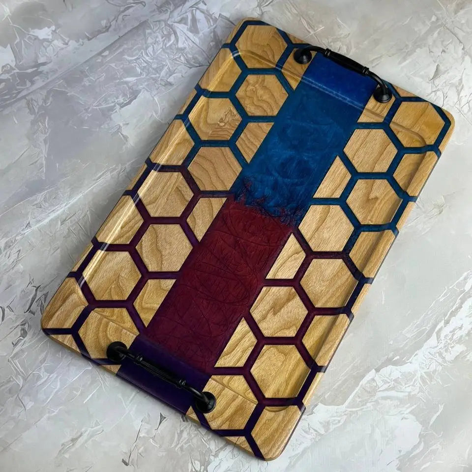 Handmade wooden serving tray with blue and burgundy epoxy resin