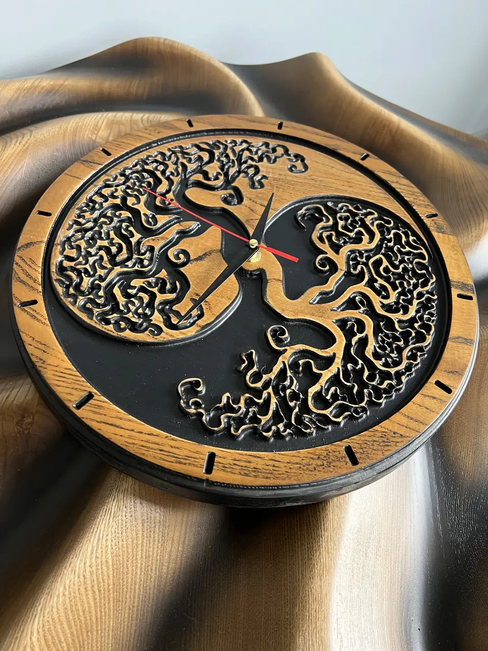 Round wooden wall clock made of solid ash wood with Eternal Tree carving