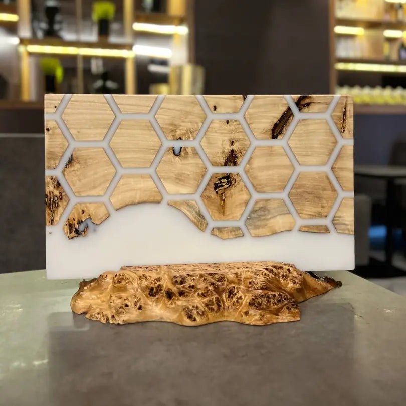 Handmade wooden magnetic knife holder with white epoxy