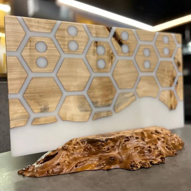 Luxury magnetic knife holder with white resin and wood