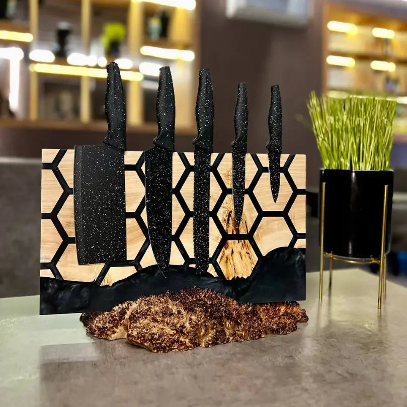 Magnetic knife holder made from poplar burl and black epoxy resin