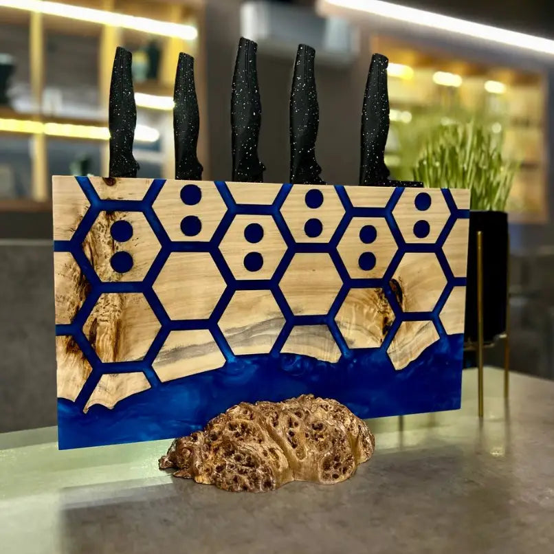 Handmade wooden magnetic knife holder with blue epoxy