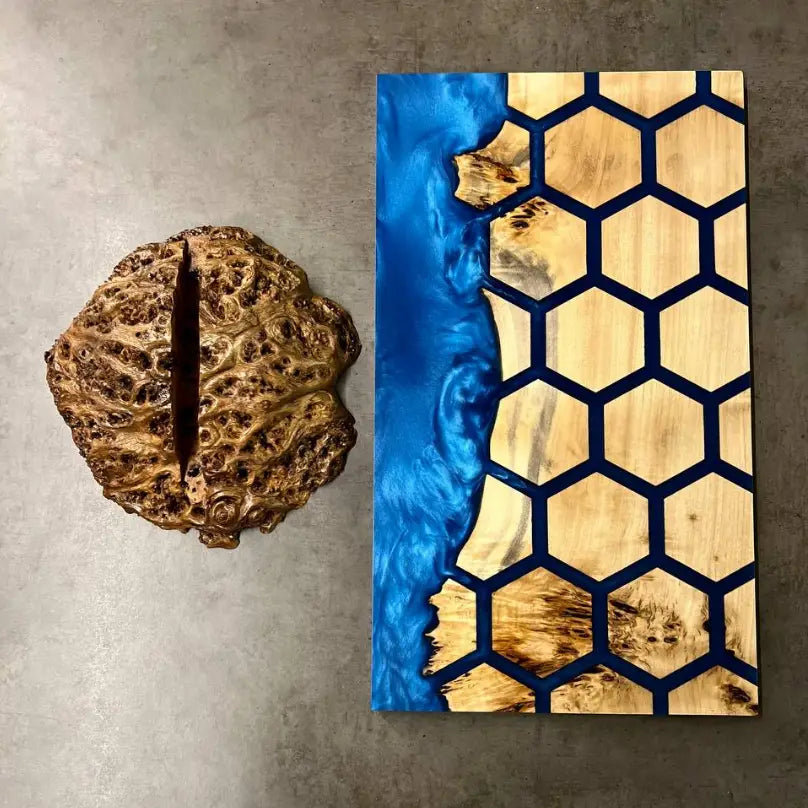 Blue epoxy magnetic knife rack made from poplar burl