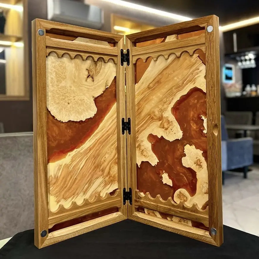 Open Amber handmade backgammon board with epoxy resin playing field