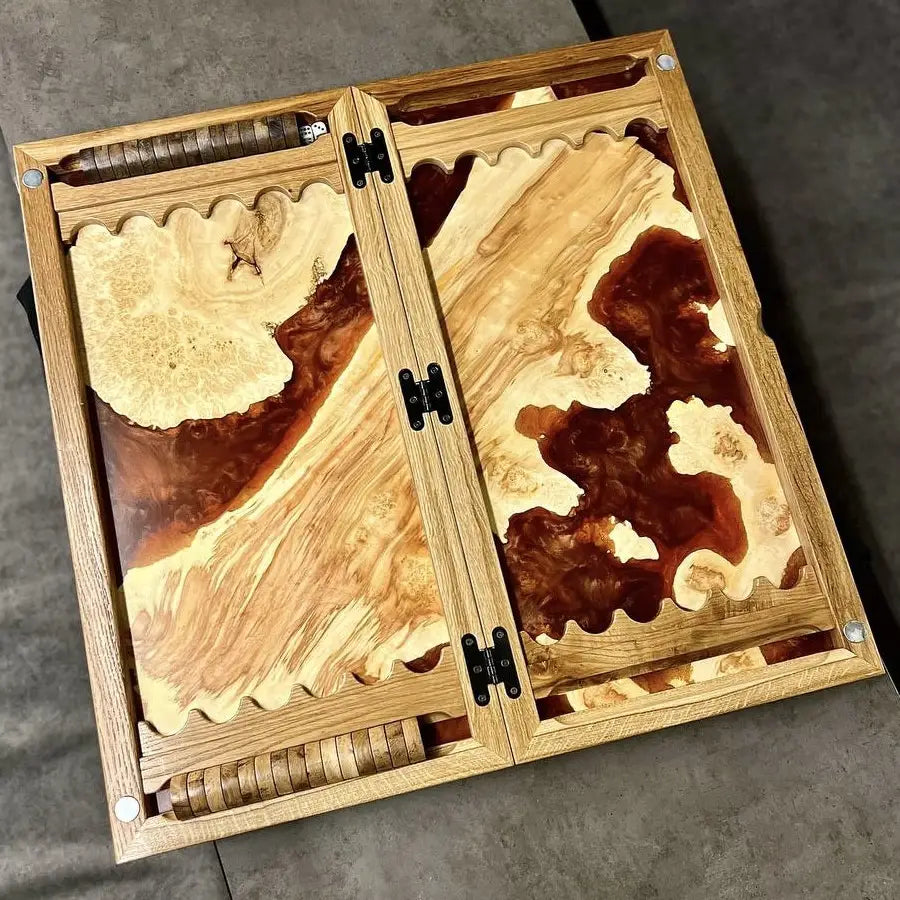 Premium Amber wooden backgammon board with checkers and dice
