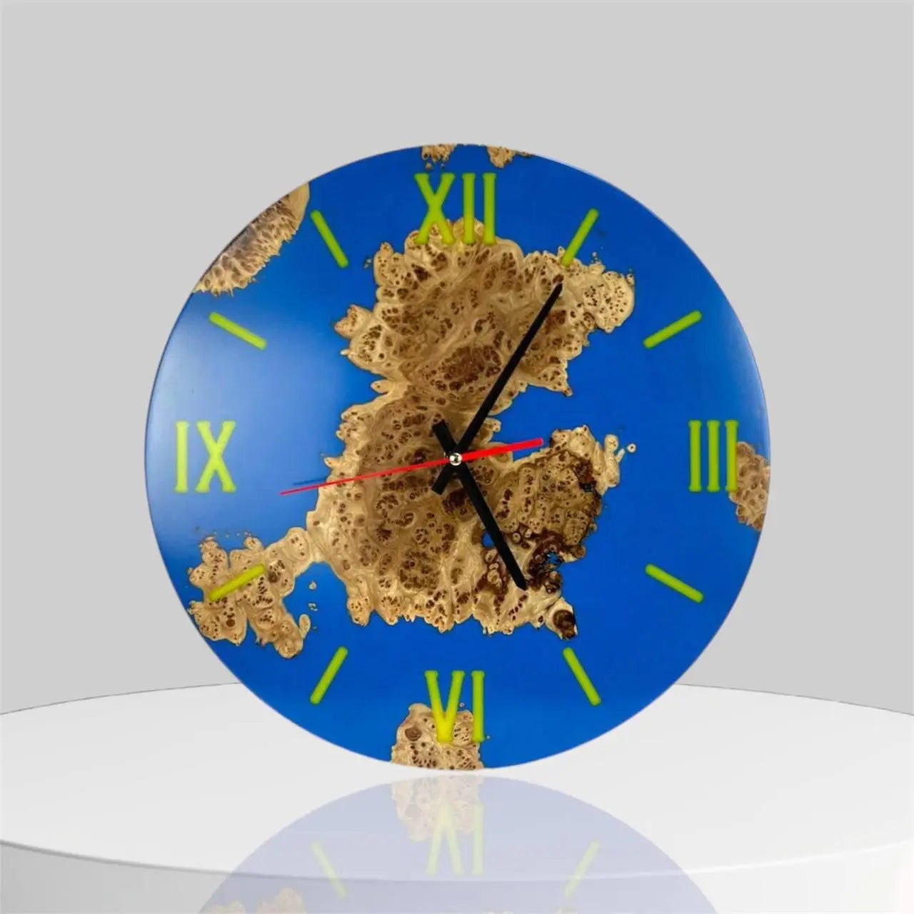 Modern handmade wood wall clock with blue epoxy resin