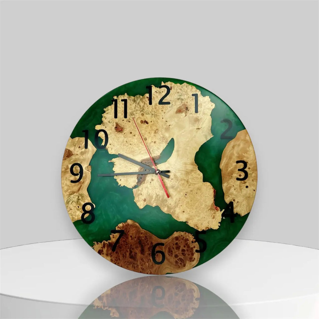 Natural spalted elm wall clock with green resin design