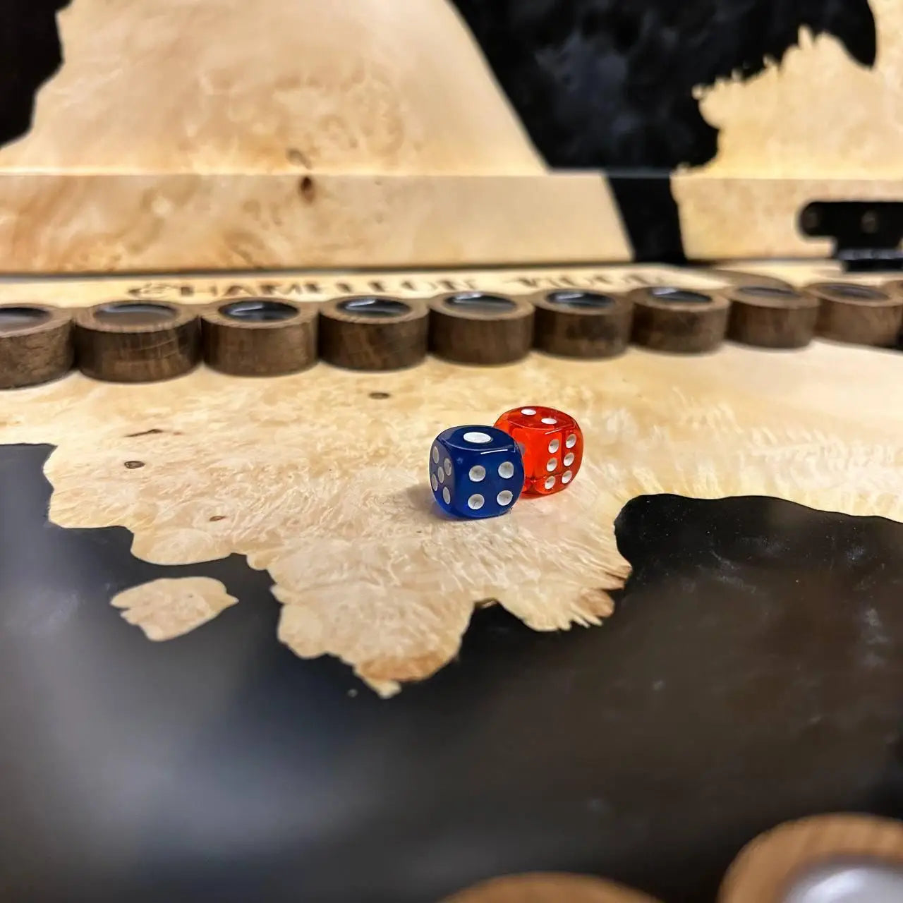 Handmade natural wood backgammon board with organic black resin design
