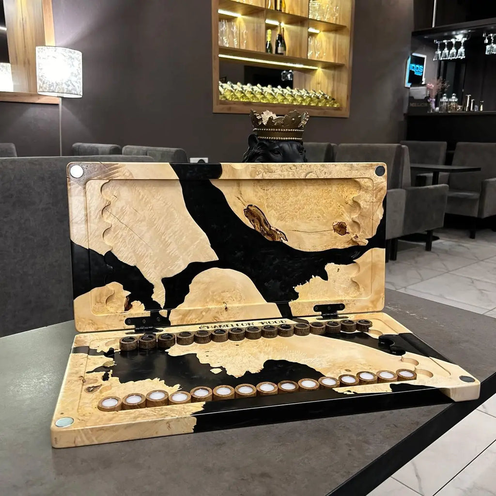 Black epoxy backgammon set with wooden playing pieces