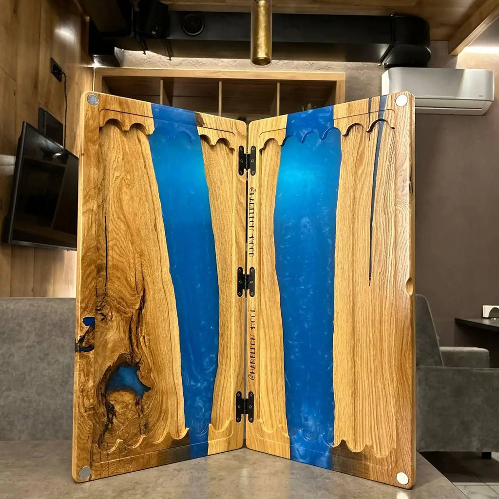 Handmade backgammon board with natural wood grain and blue resin