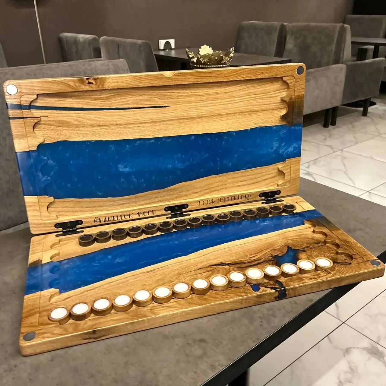 Blue River handmade wooden backgammon set with blue epoxy resin