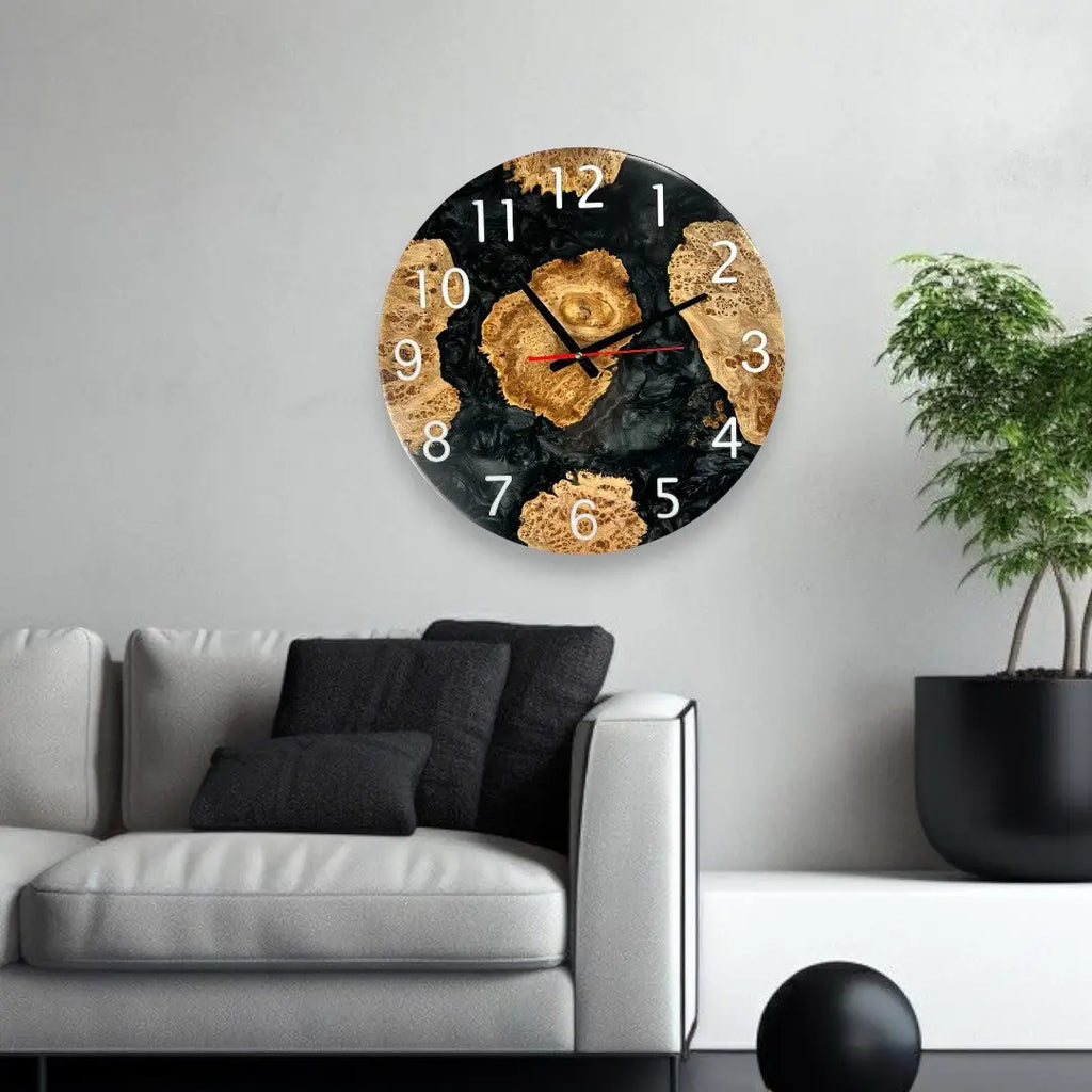 Large handmade wall clock made from natural wood and black epoxy resin