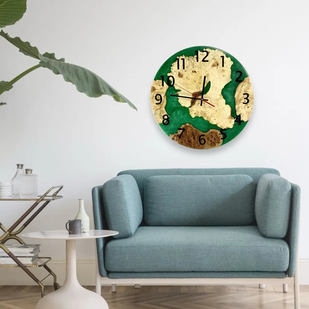 Handmade wood wall clock crafted from spalted elm burl and green epoxy resin