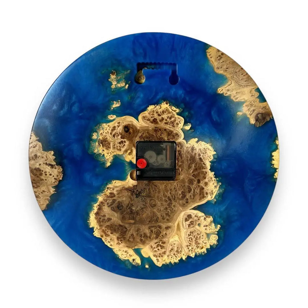 Luxury wooden wall clock featuring blue epoxy resin and natural wood burl.