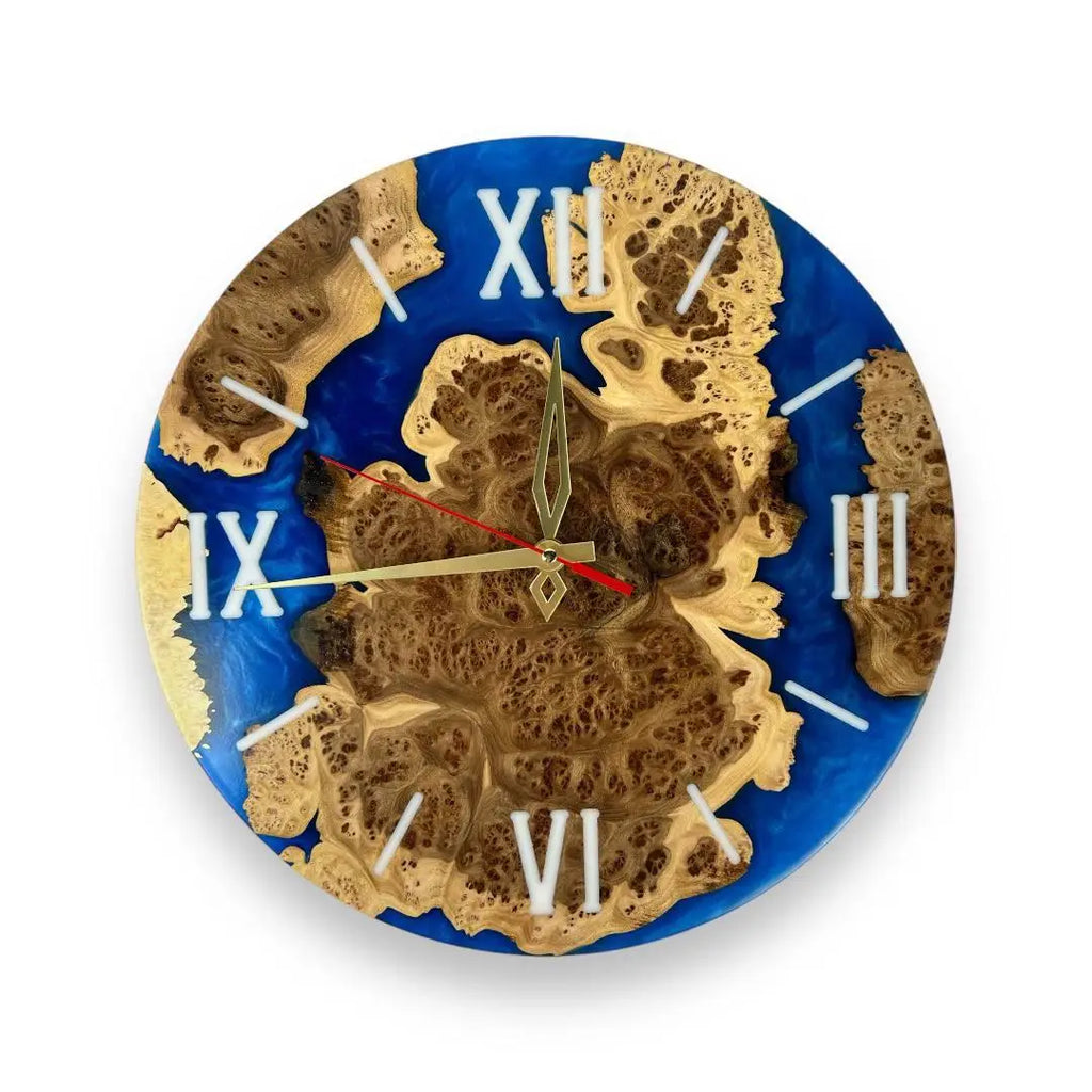 Handmade blue epoxy resin wall clock with natural wood burl.