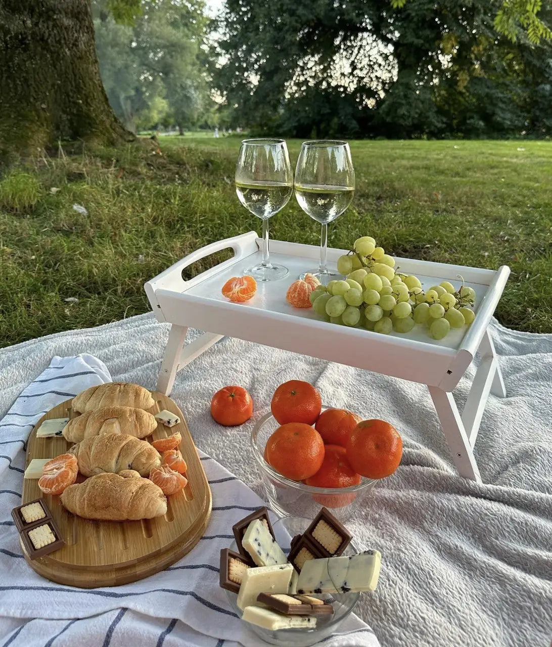 White wooden breakfast in bed tray with foldable legs