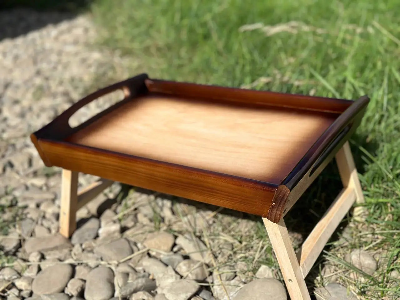 Vintage wooden serving tray for breakfast in bed