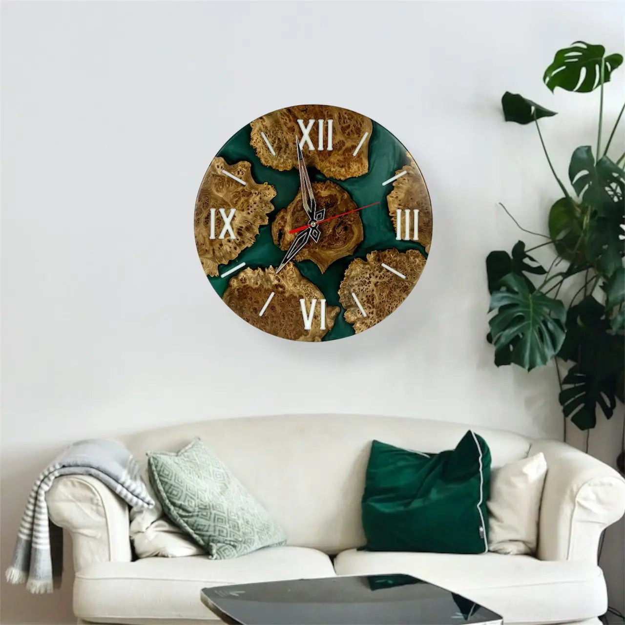 Natural wood wall clock with elegant green resin design