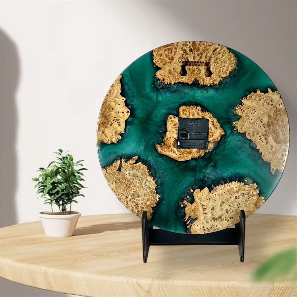 Artisan epoxy resin wall clock crafted from natural wood
