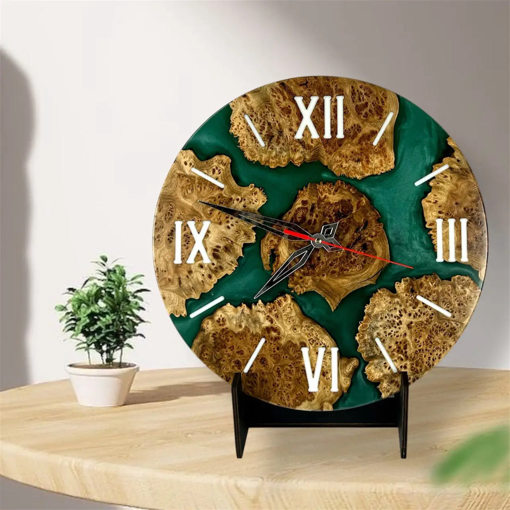 Handmade wood wall clock with green epoxy resin