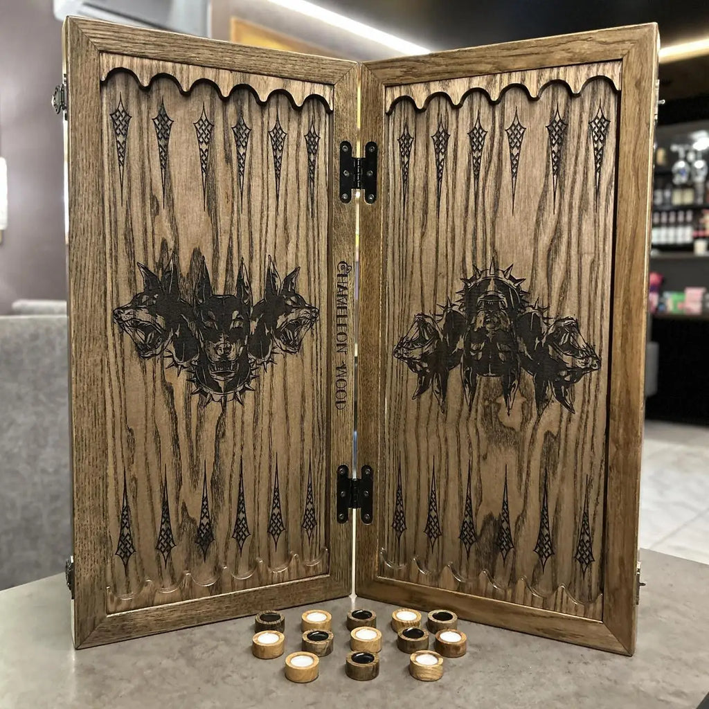 Open Doberman backgammon board with original hand-painted artwork