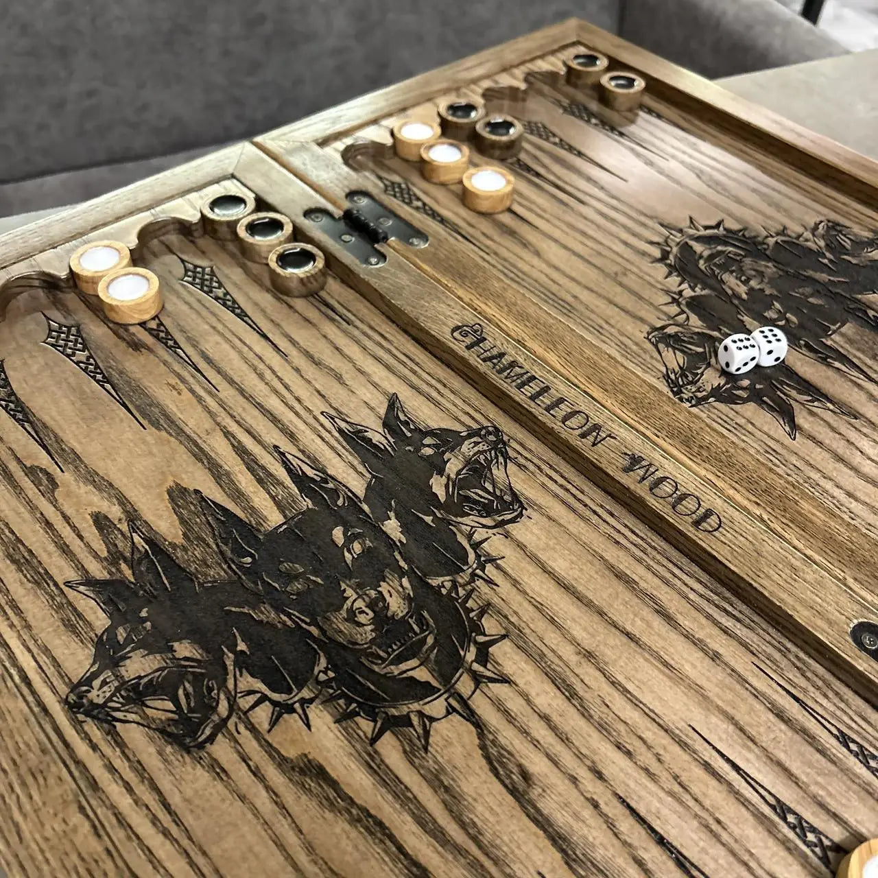 Handmade ash wood backgammon board with detailed acrylic painting