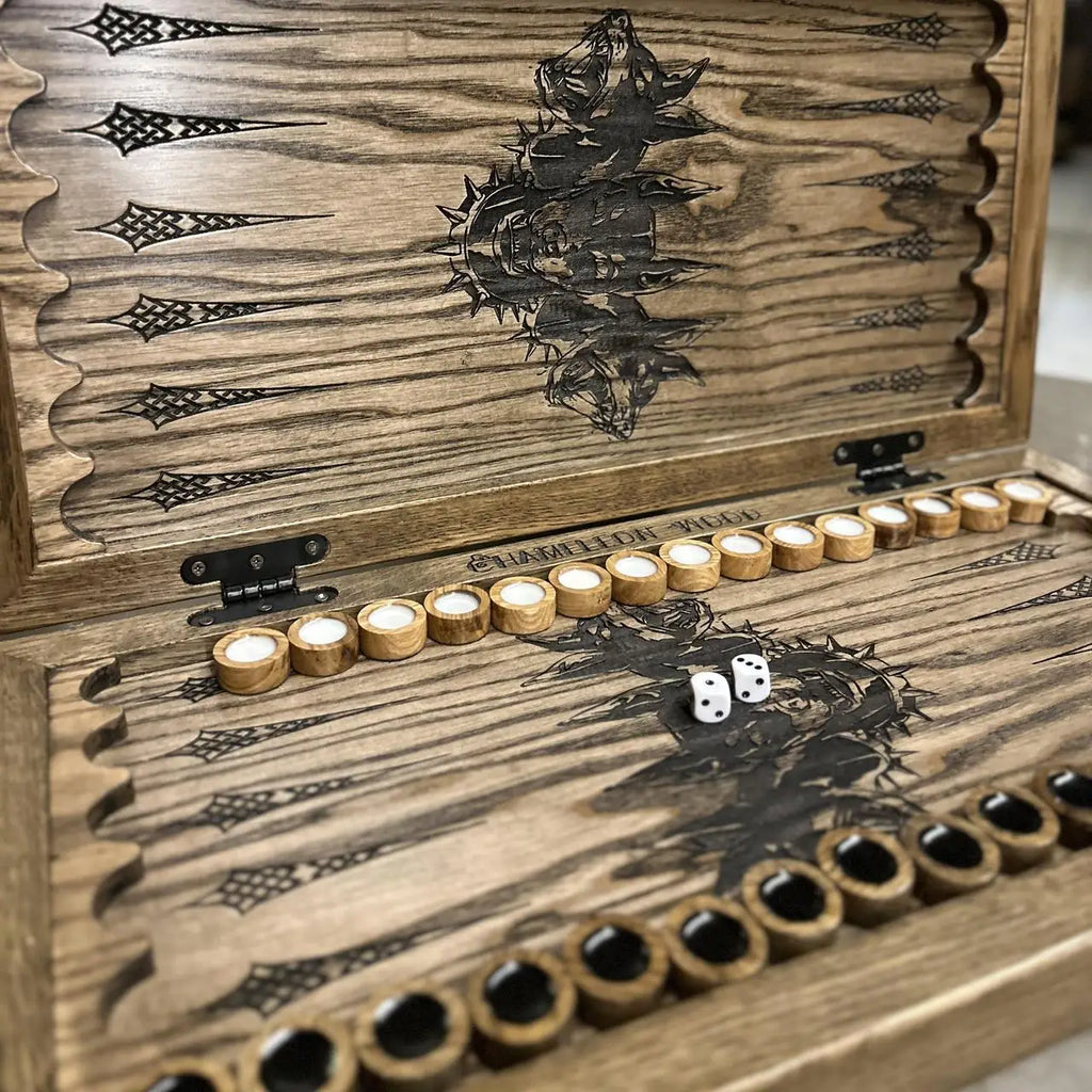 Hand-painted Doberman artwork on natural ash wood backgammon board