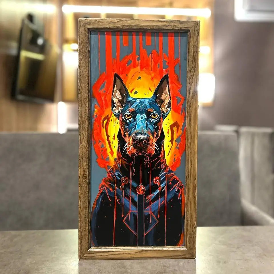 Artist-painted Doberman backgammon set crafted from natural wood