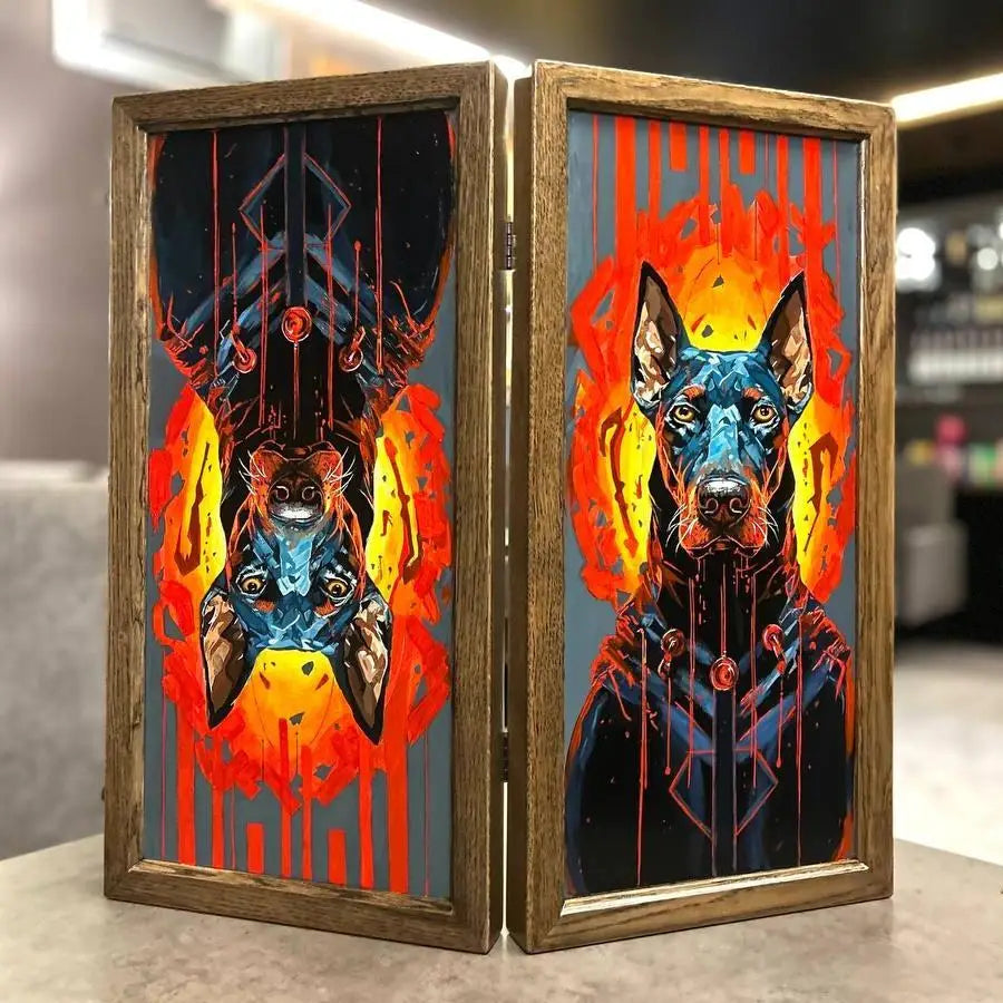 Doberman hand-painted wooden backgammon set made from natural ash wood