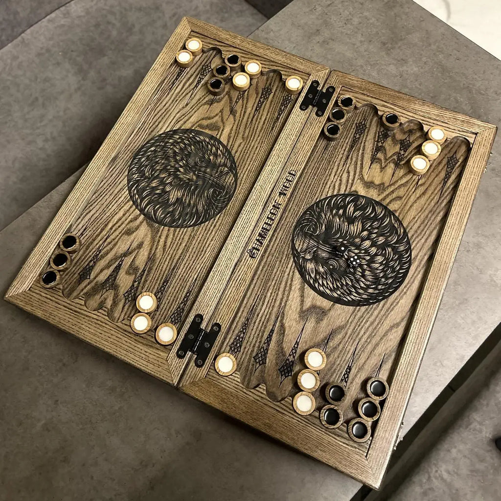 Open Eagle wooden backgammon set with playing pieces and dice