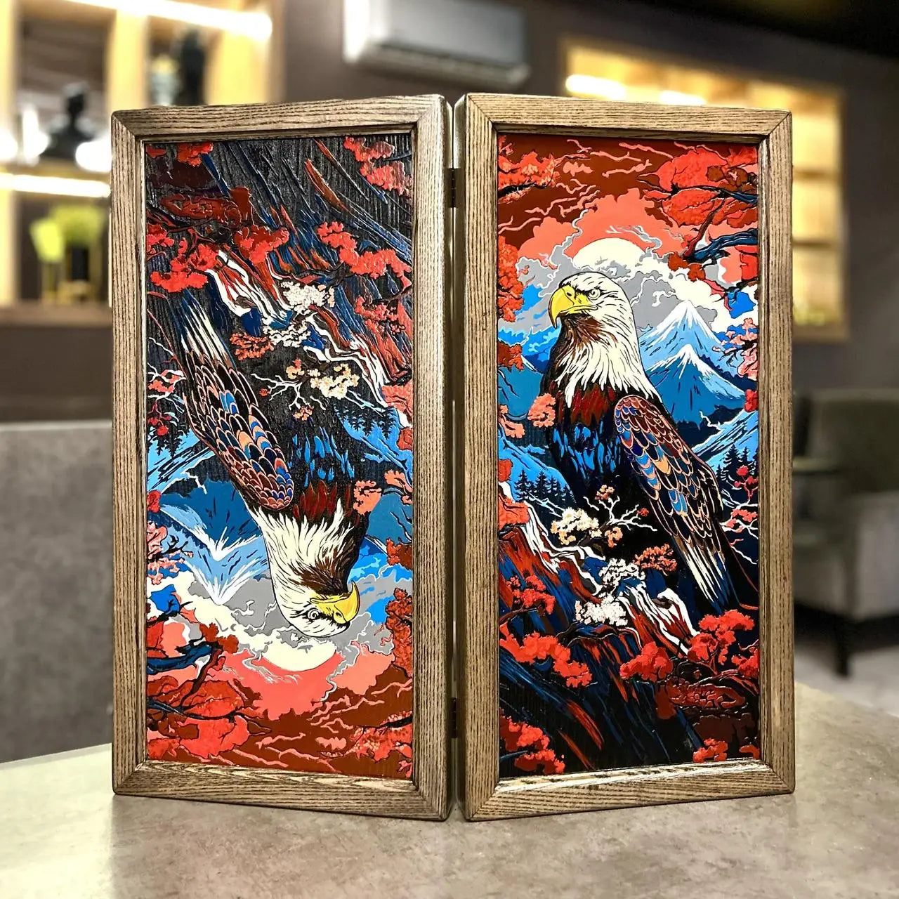Eagle handcrafted wooden backgammon set with acrylic painted details