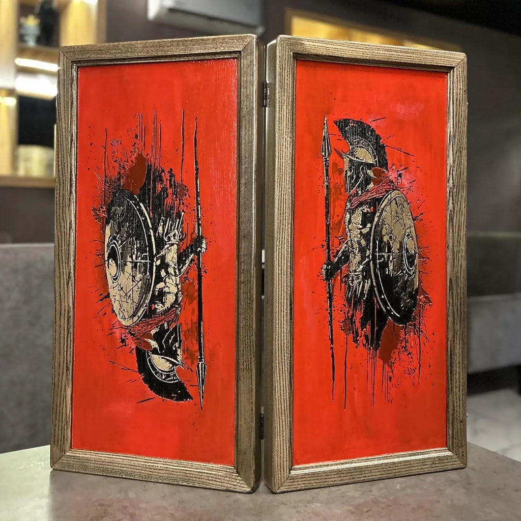 Hand-painted Spartan backgammon set 50x50 cm handmade from ash wood