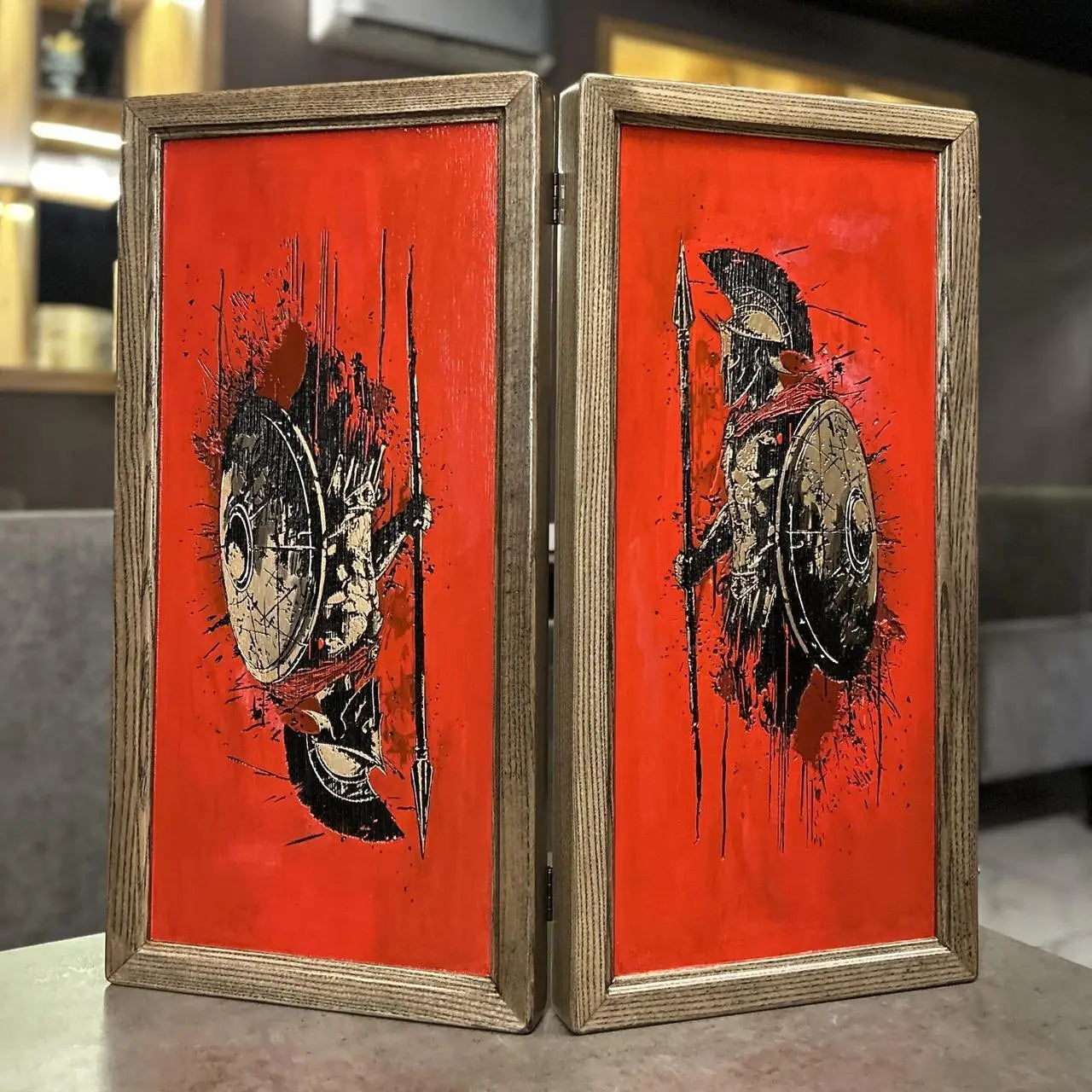 Hand-painted Spartan backgammon set 50x50 cm handmade from ash wood
