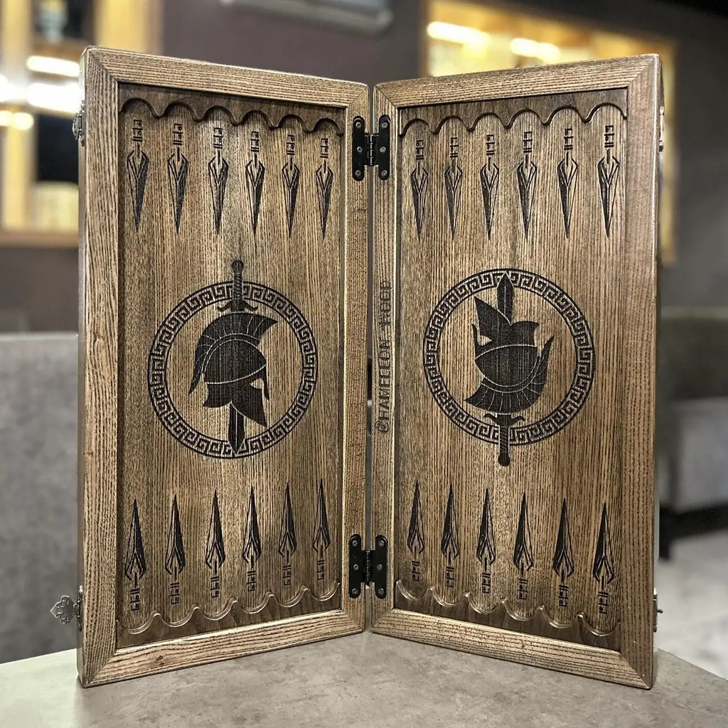 Wooden checkers and playing surface of Spartan backgammon set