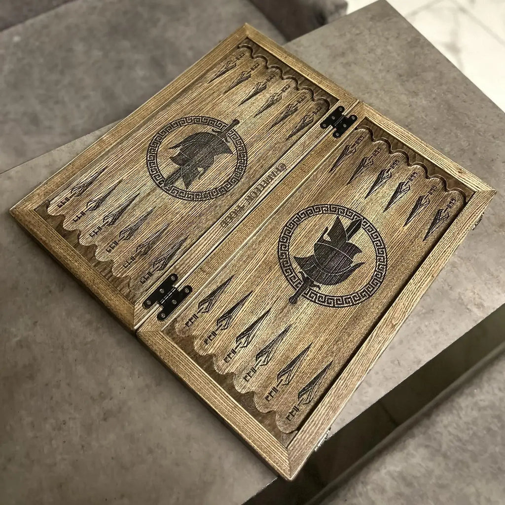 Handmade ash wood backgammon set with Spartan artist painting