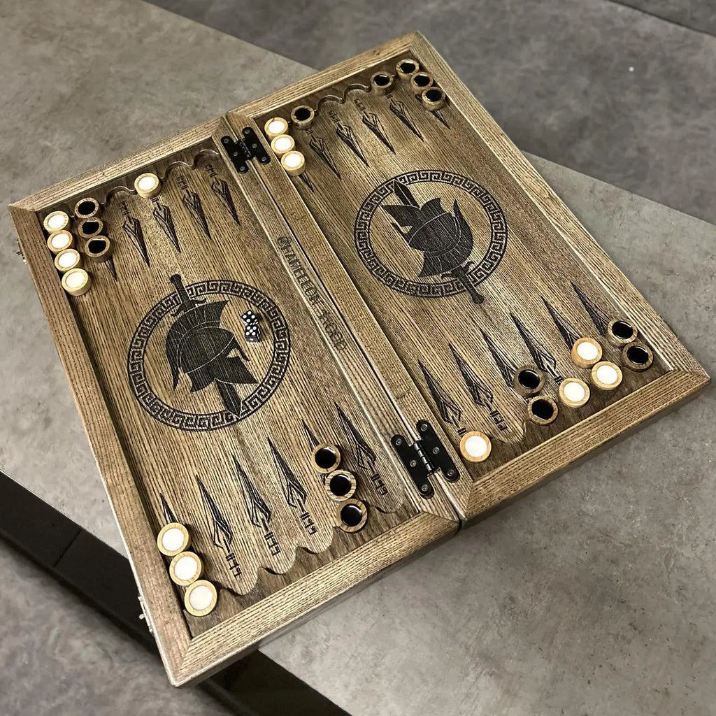 Spartan themed handmade wooden backgammon board with acrylic painting