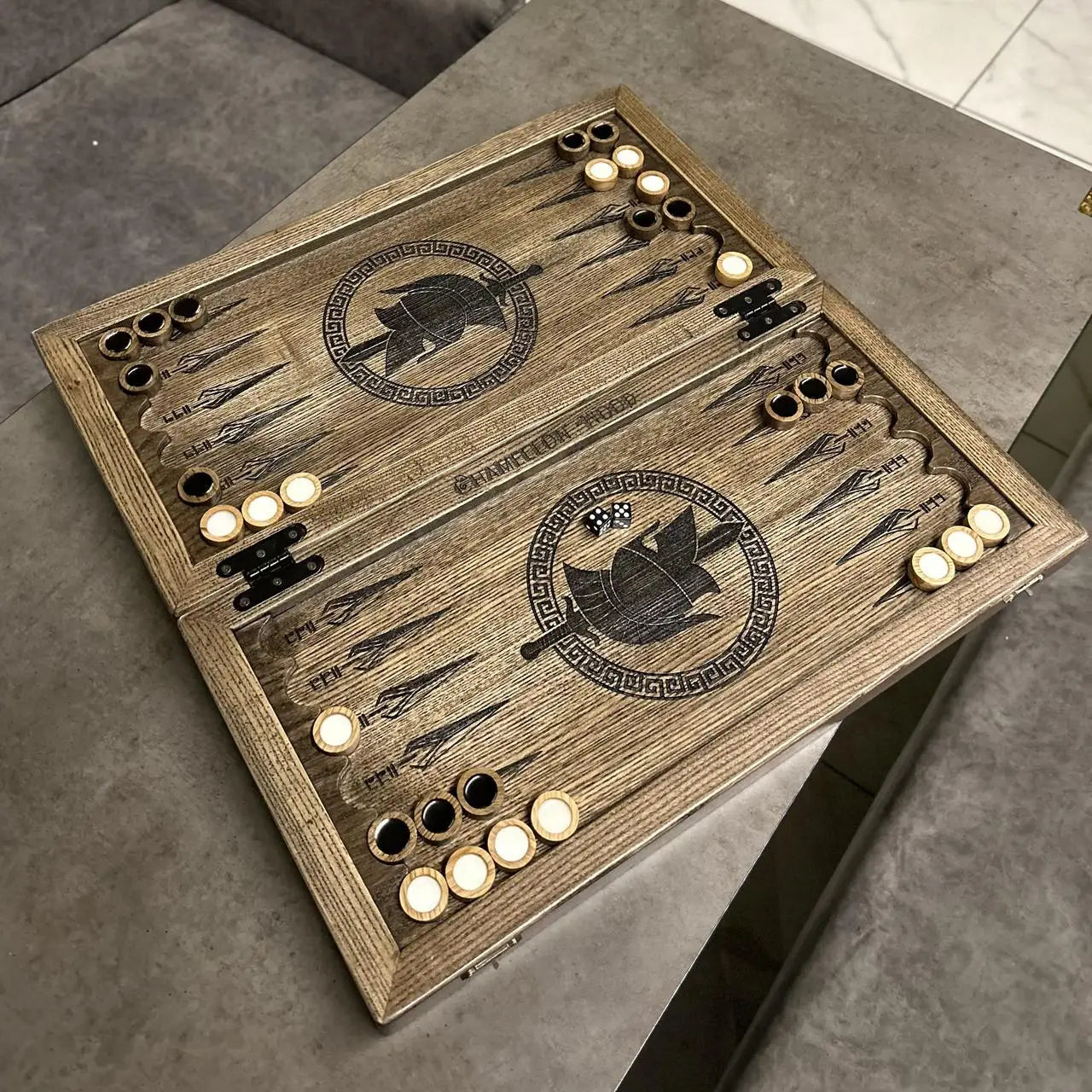 Open hand-painted Spartan backgammon set made from natural ash wood