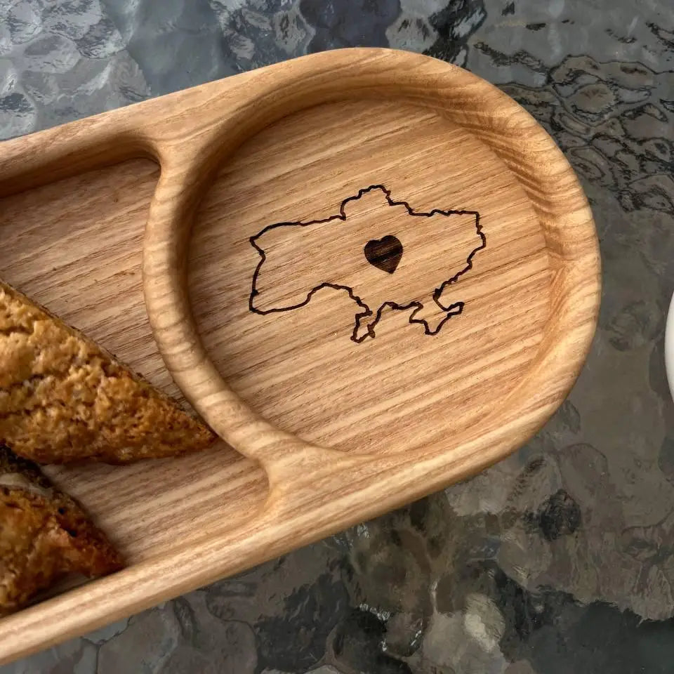 Handmade oak wooden coffee tray with cup and dessert compartments