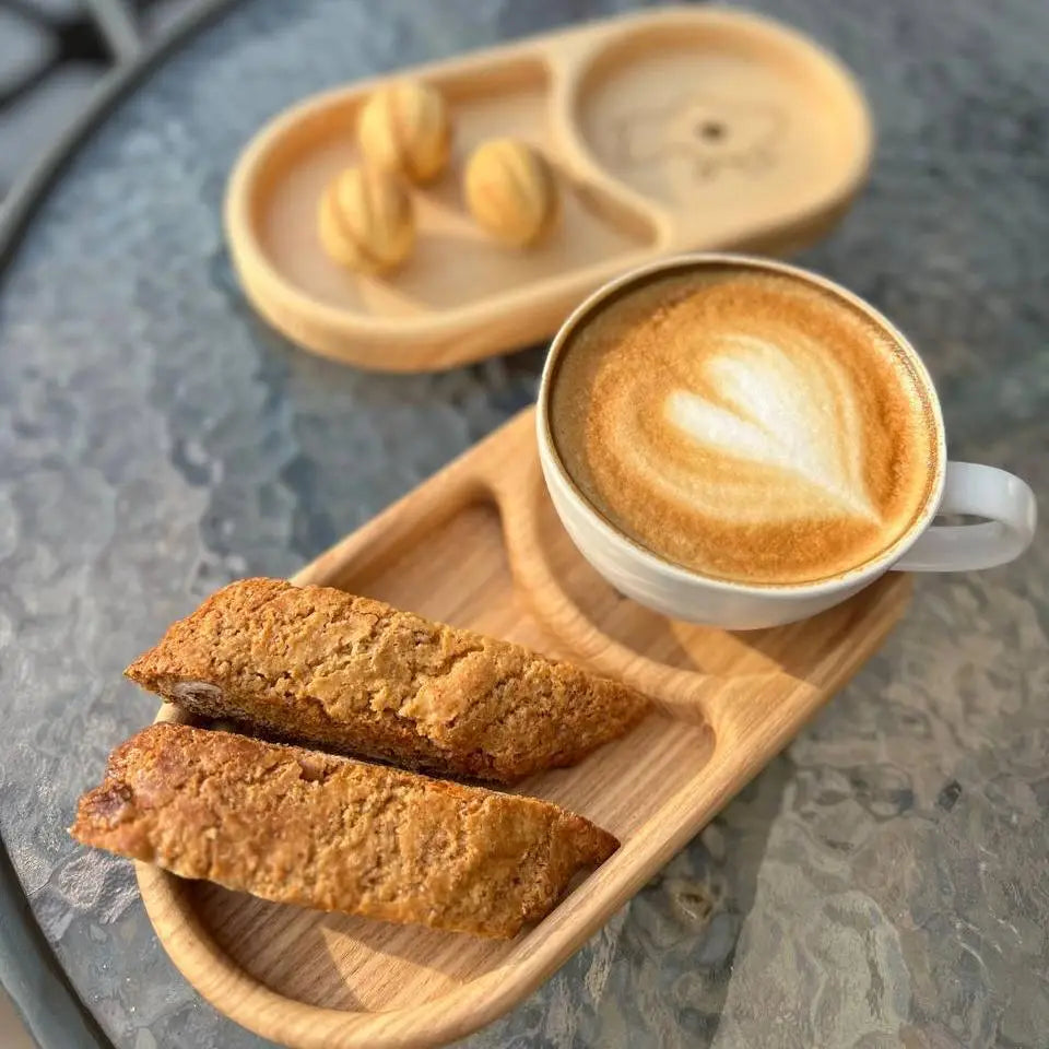 Oak serving tray with separate compartments for dessert