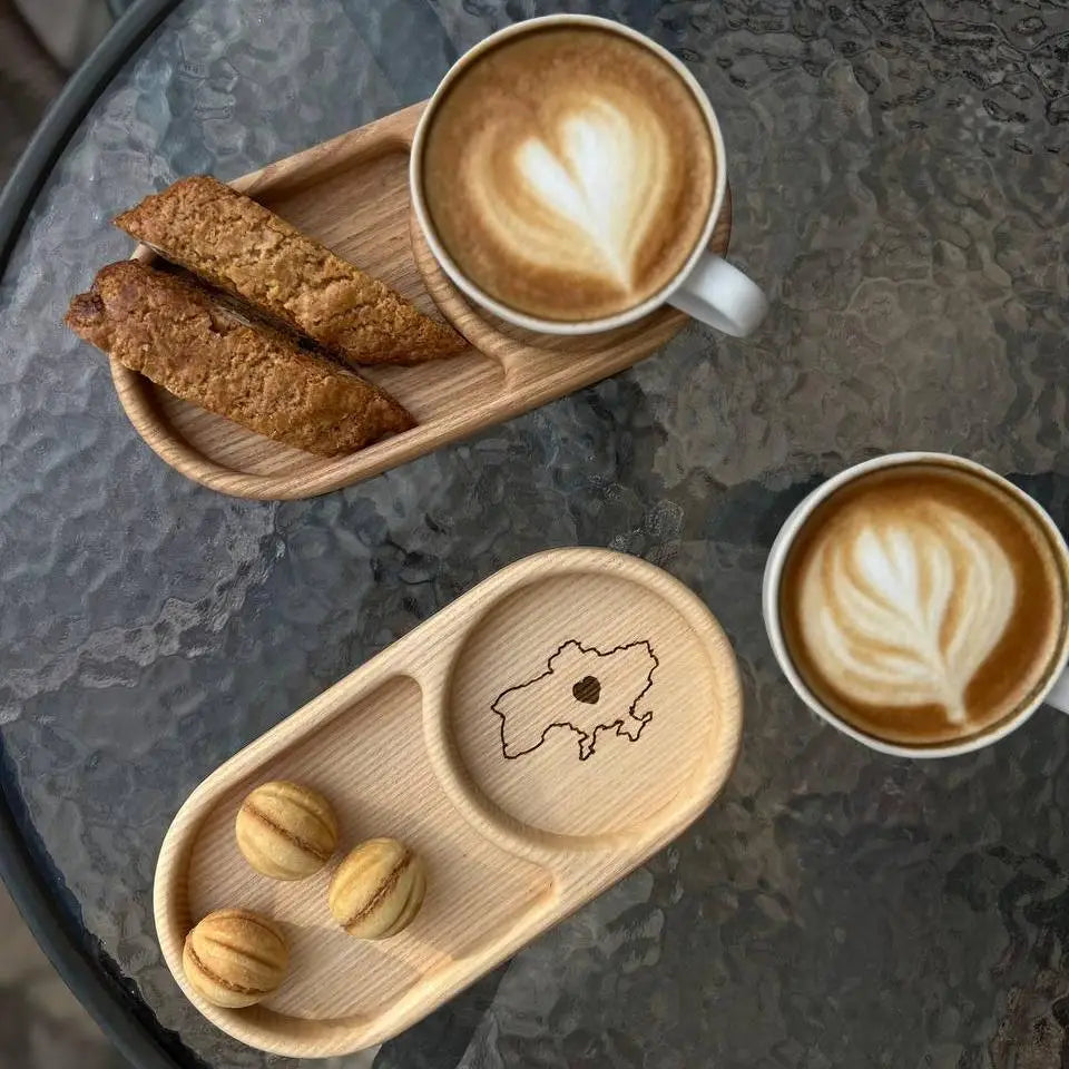 Wooden cup tray for coffee and pastries