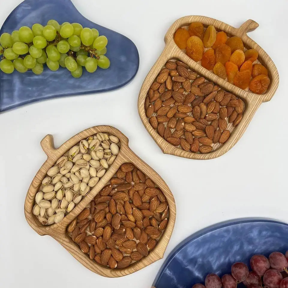 Decorative wooden food serving tray in acorn shape